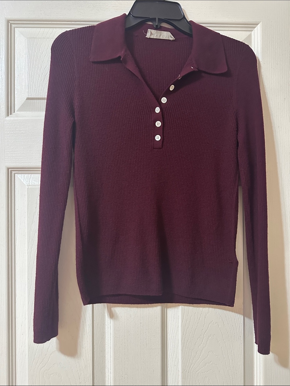 Everlane Long-Sleeve Ribbed Polo Top - Burgundy